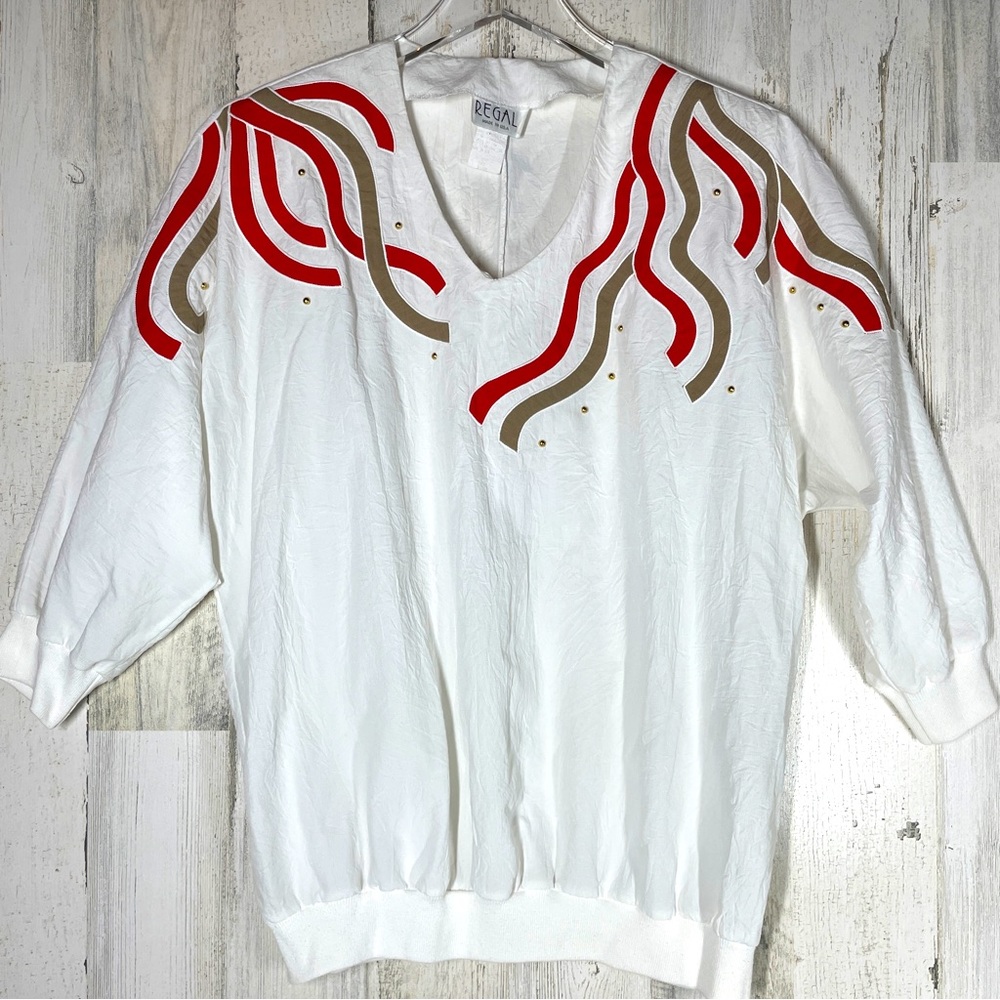 Vintage Top M Short Sleeve V-Neck Ribbon Strips  Red & Tan & Studs Shoul…